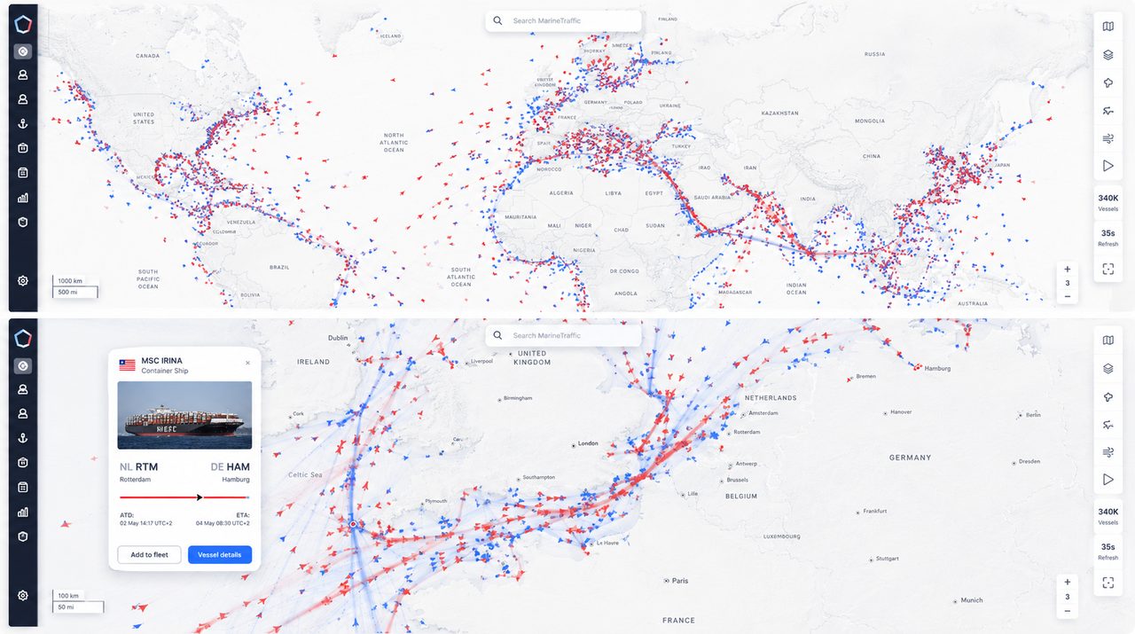 Global vessel radar showing live shipping routes and port activity