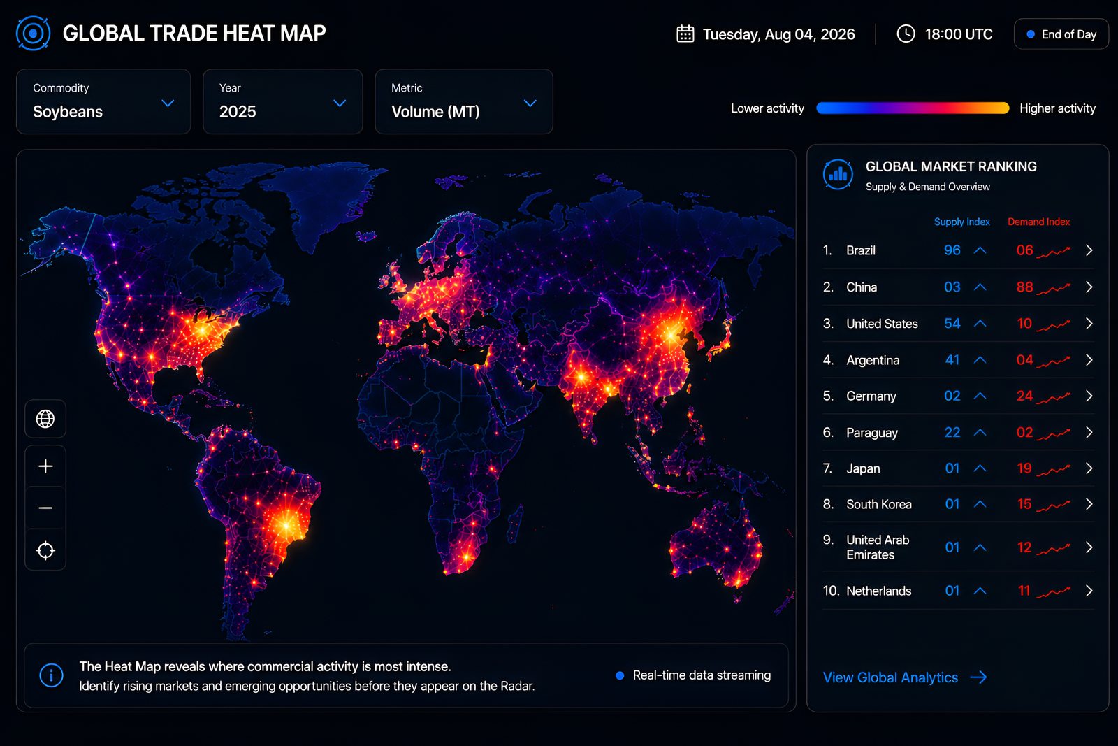 The same global trade heat map on a dark background